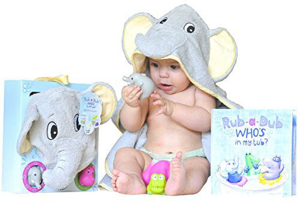 baby gift set- rub a dub, who's in my tub? 5 piece bath set includes elephant hooded towel, 3 jungle safari squirt toys, and book. adorable baby shower gifts for boys and girls!