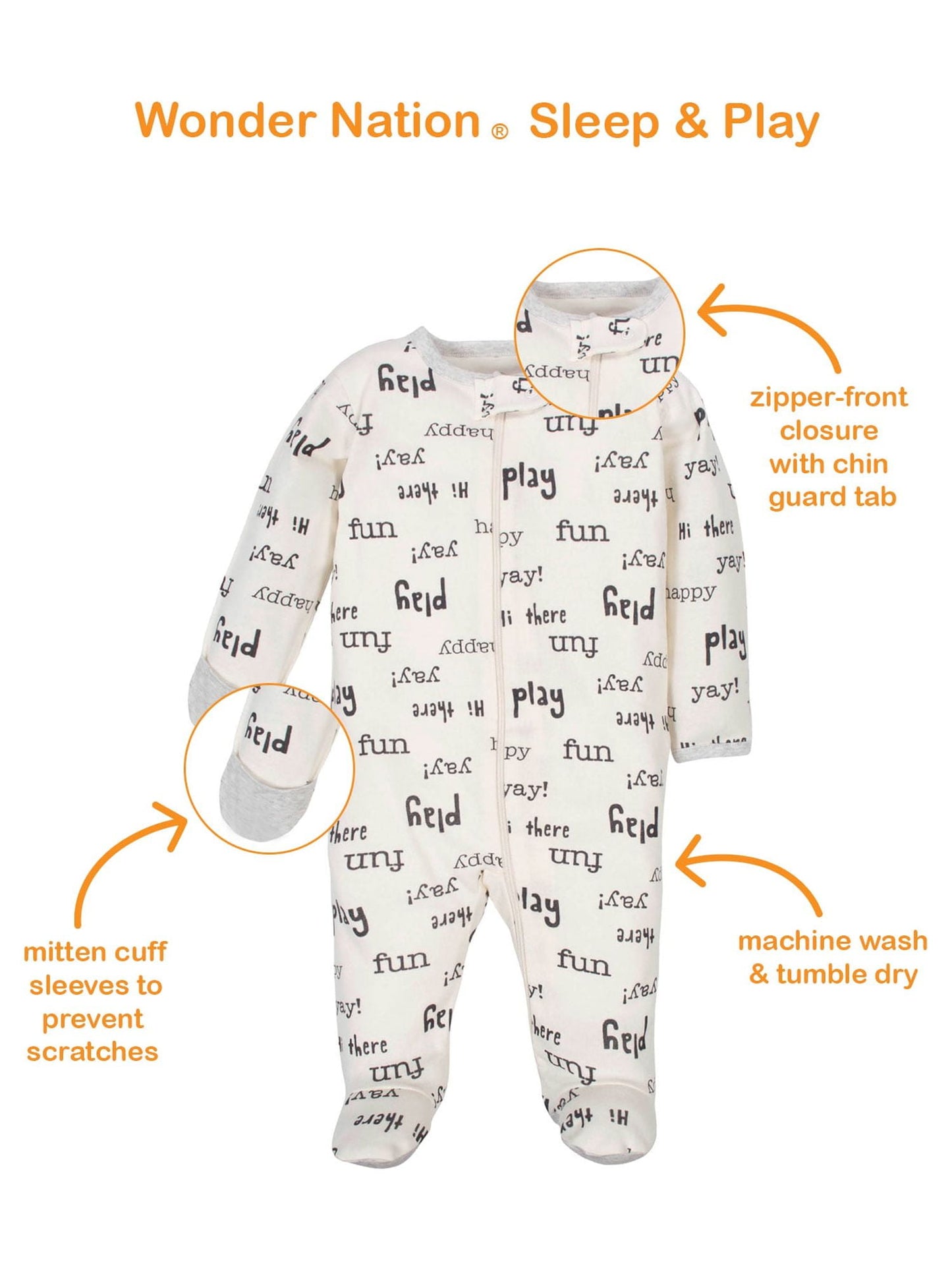 Wonder Nation Baby Neutral Zip Up Sleep ‘N Play Footed Pajamas, 2-Pack, Sizes Newborn - 6/9 Months