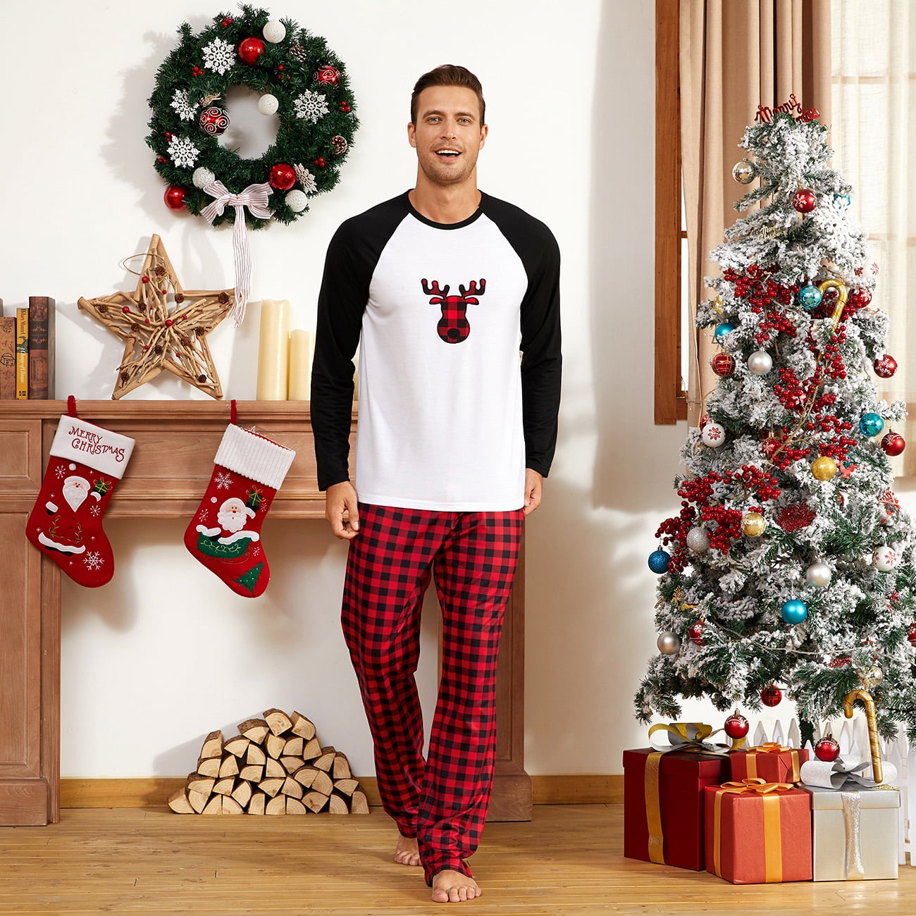 PatPat Christmas Pajamas Plaid Deer Family Matching Women Pajamas Sets for Men Baby Kids Girls Boys, Black/White, 6-7 Years