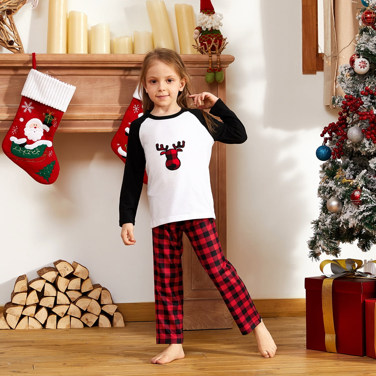 PatPat Christmas Pajamas Plaid Deer Family Matching Women Pajamas Sets for Men Baby Kids Girls Boys, Black/White, 6-7 Years