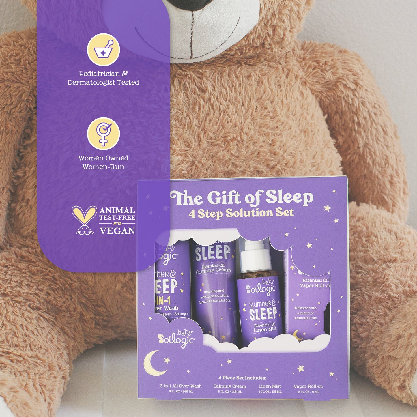 Oilogic, The Gift of Sleep, Baby Sleep Bundle using Essential Oils, Essential Oil Roll on .2 oz, All-Over Wash 9 oz, Calming Cream 5 oz, Linen Mist, 4 oz