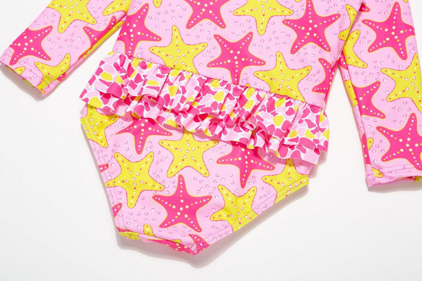 BONVERANO Baby Girls Swimsuit UPF 50+ Sun Protection, Long Sleeve Zipper One Piece Swimwear, Ruffle Toddler Bathing Suit（Starfish 9-12months）