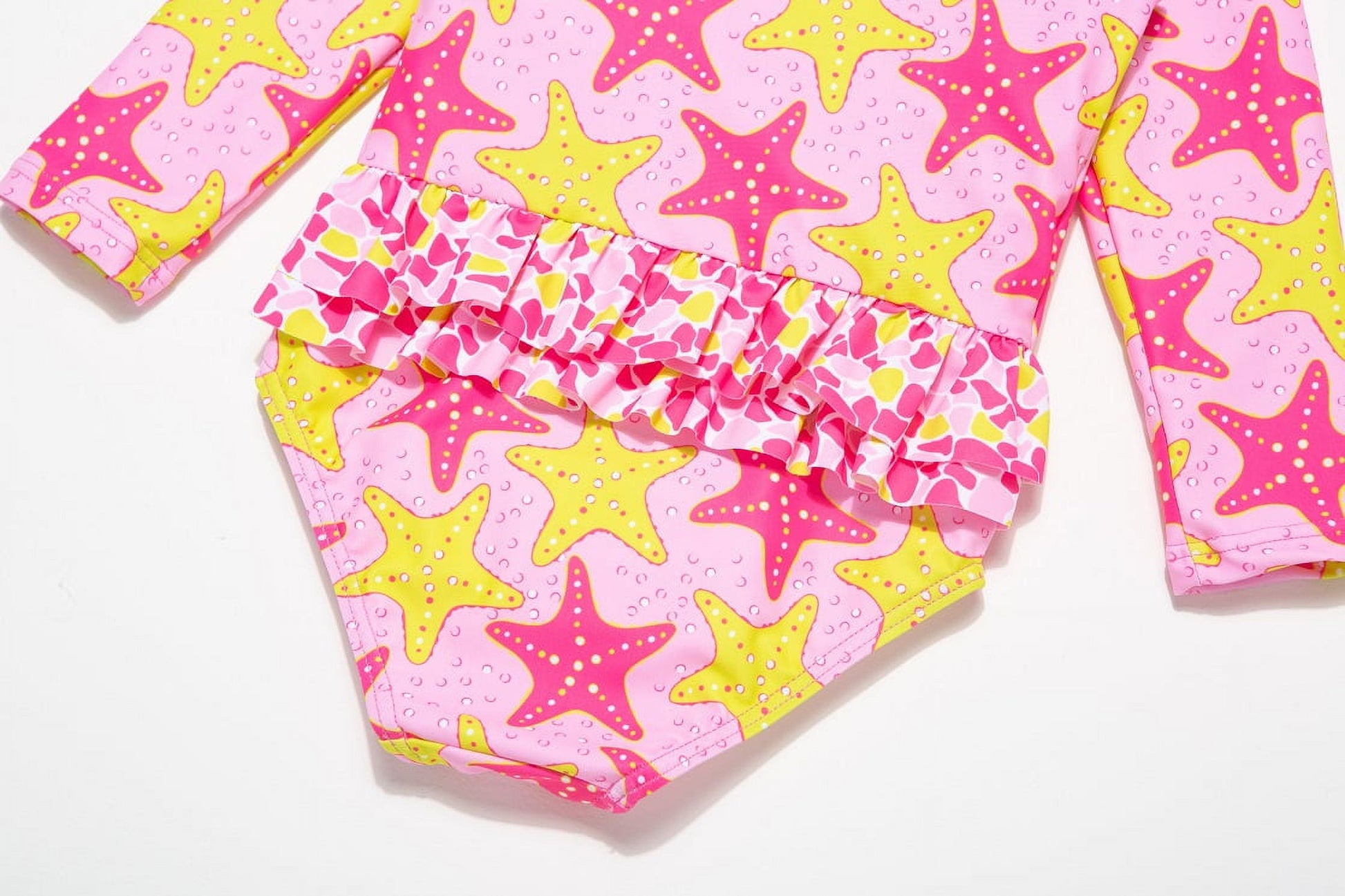 BONVERANO Baby Girls Swimsuit UPF 50+ Sun Protection, Long Sleeve Zipper One Piece Swimwear, Ruffle Toddler Bathing Suit（Starfish 9-12months）