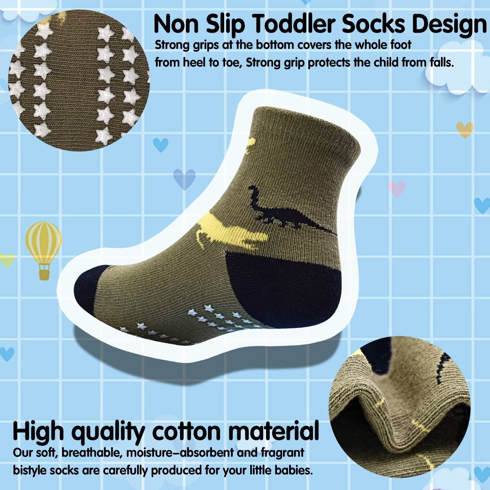 Toddler Grip Socks 12 Pairs Non Slip Baby Socks Cute Crew Anti Skid Socks for 0-7 Years Baby Boys Kids (01 Jurassic century,1-3T)