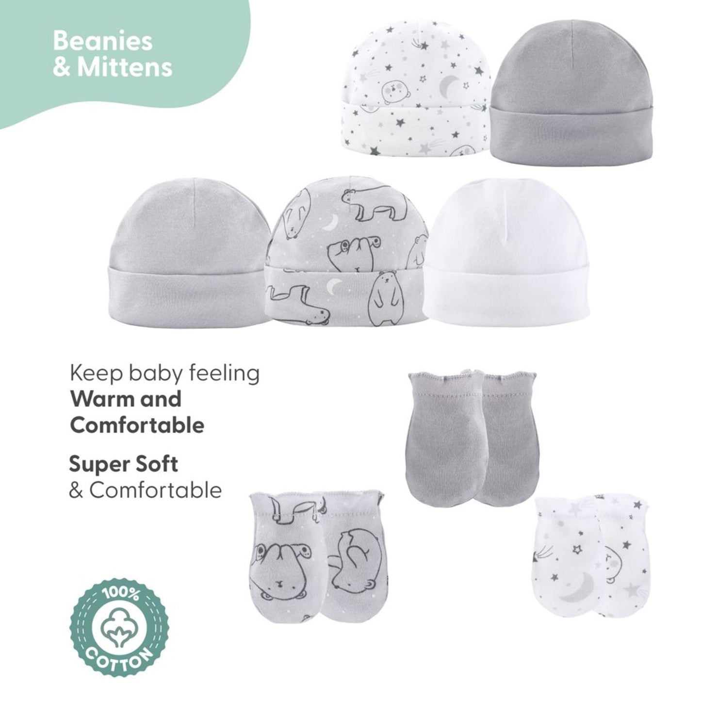 The Peanutshell Newborn Baby Layette Gift Set for Baby Boys and Girls, Shower Gift Essentials, Grey and White Celestial Bears