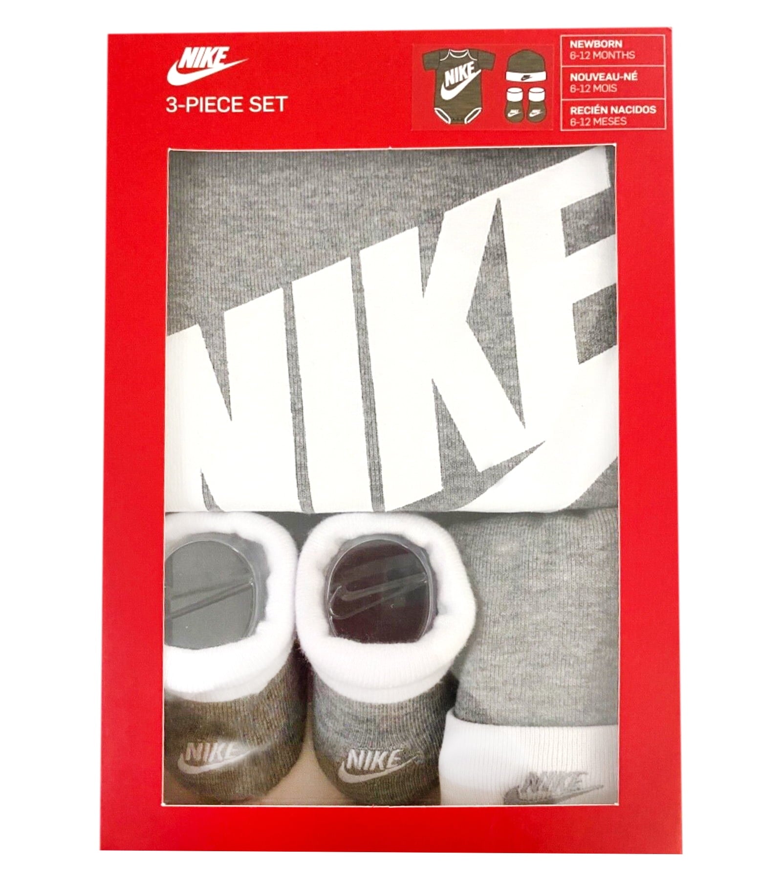 Nike 3 pc Infant Layette Set Bodysuit, Hat, Booties in Grey/White, 6-12 Months