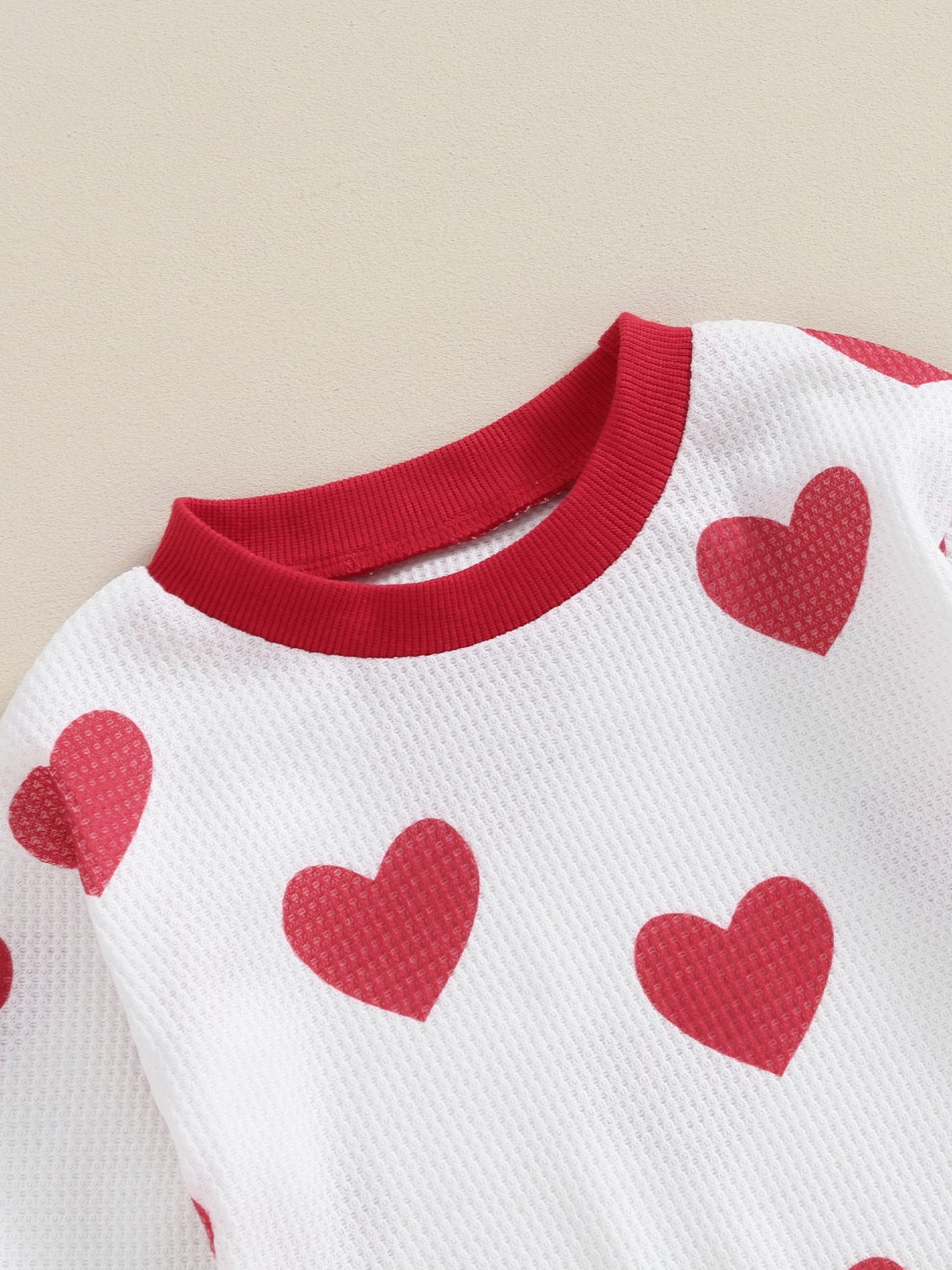 Toddler Boys Girls Fall Outfits Heart Print Long Sleeve Waffle Sweatshirts and Long Pants 2Pcs Valentine's Day Clothes Set