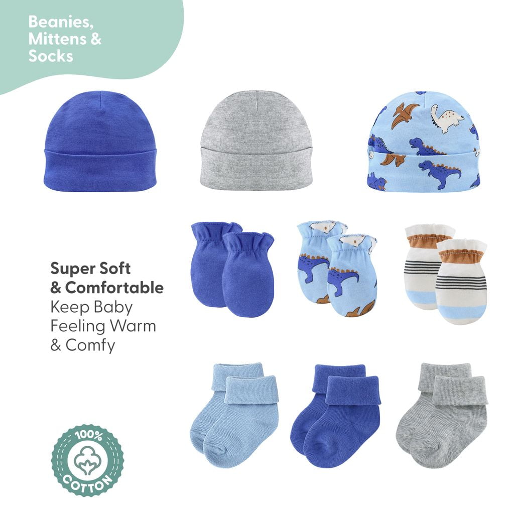 The Peanutshell Blue Dino Newborn Baby Clothes and Essentials, Layette Set for 0-3 Months, 16-Piece
