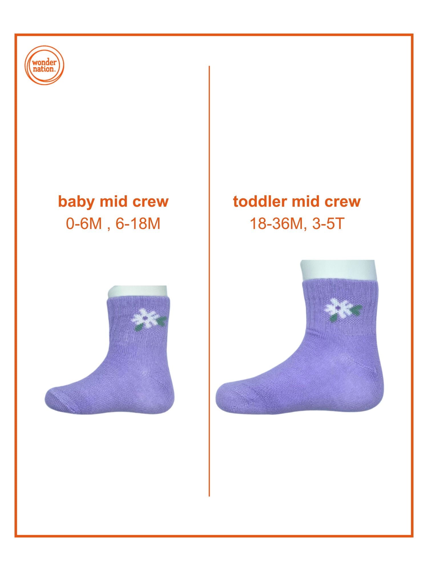 Wonder Nation Baby and Toddler Girls Mid-Crew Socks, 6-Pack, Sizes 0M-5T