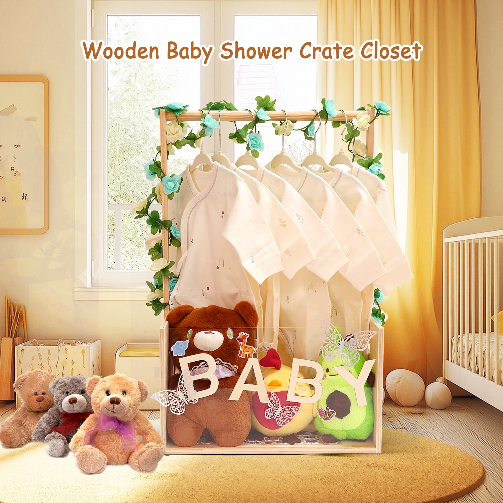 Baby Shower Crate Closet with Acrylic Clear Front Panel, Wood Shower Basket for New Baby Gift