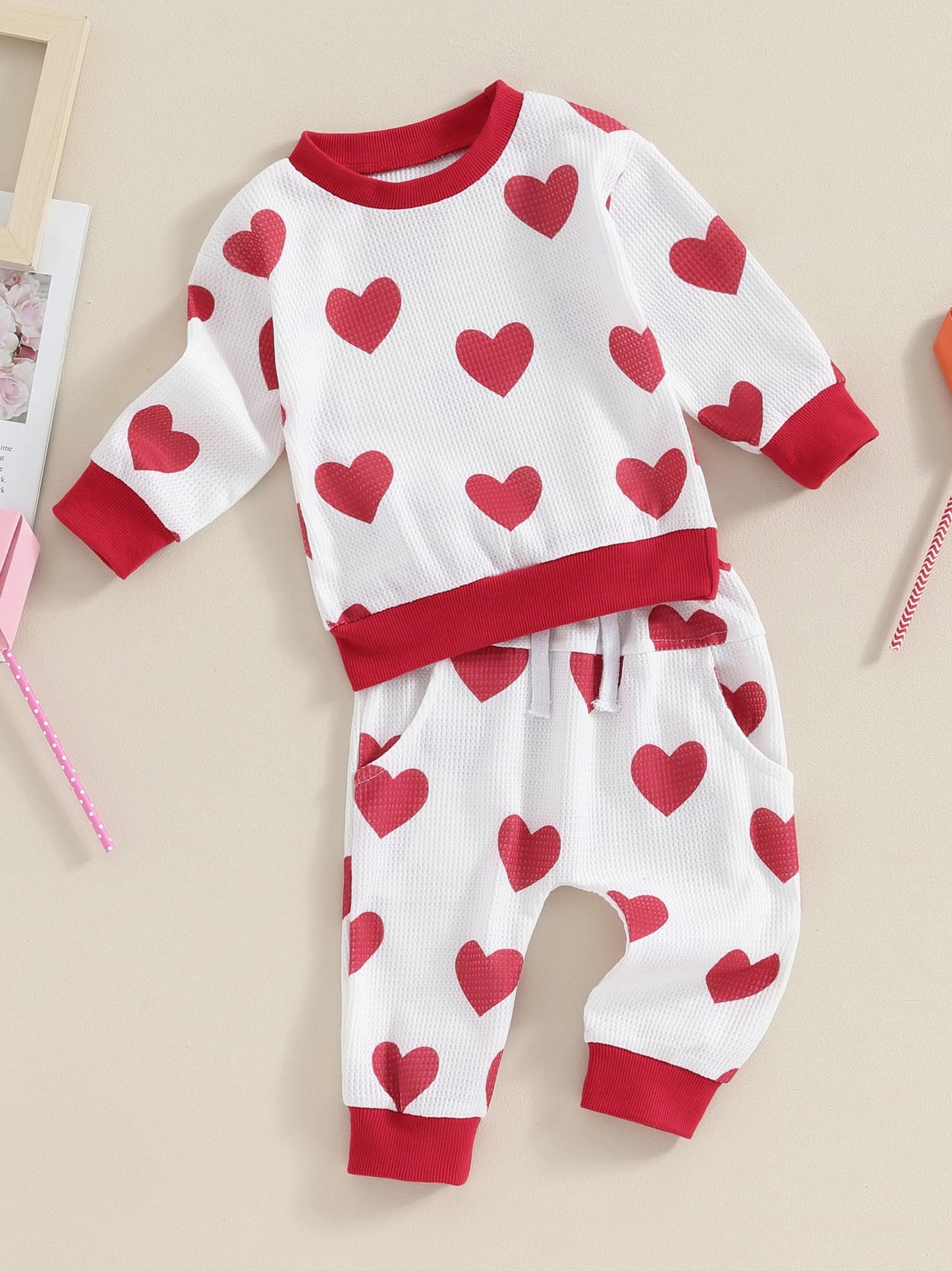 Toddler Boys Girls Fall Outfits Heart Print Long Sleeve Waffle Sweatshirts and Long Pants 2Pcs Valentine's Day Clothes Set