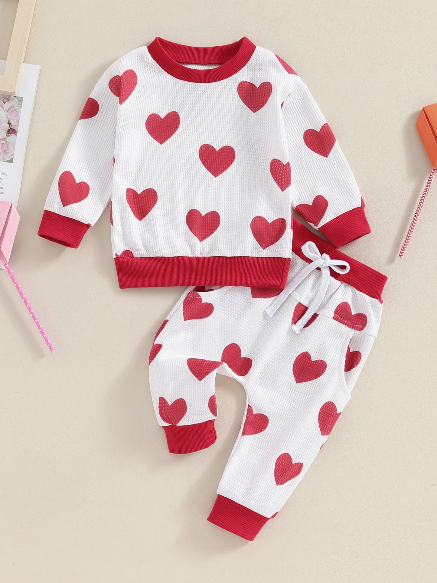 Toddler Boys Girls Fall Outfits Heart Print Long Sleeve Waffle Sweatshirts and Long Pants 2Pcs Valentine's Day Clothes Set