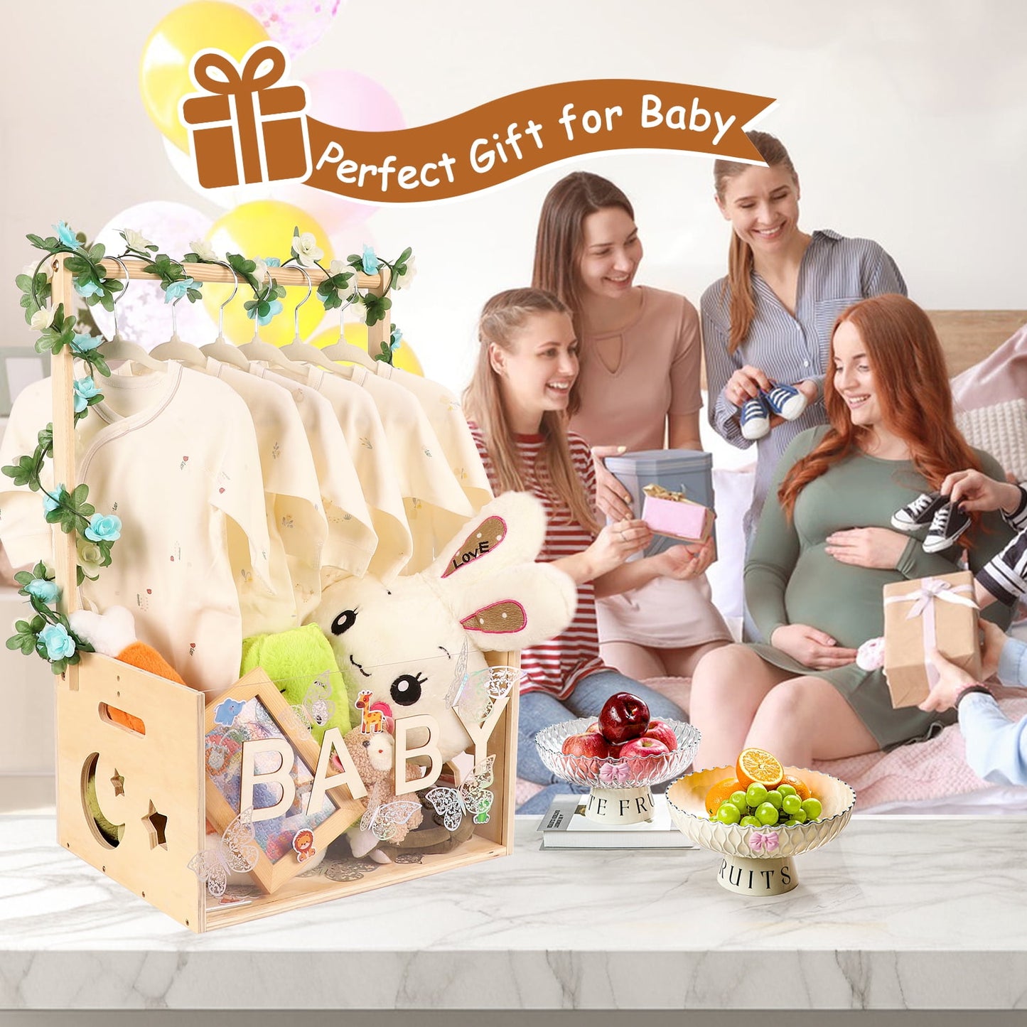 Baby Shower Crate Closet with Acrylic Clear Front Panel, Wood Shower Basket for New Baby Gift
