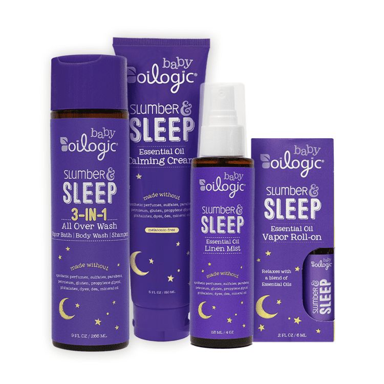 Oilogic, The Gift of Sleep, Baby Sleep Bundle using Essential Oils, Essential Oil Roll on .2 oz, All-Over Wash 9 oz, Calming Cream 5 oz, Linen Mist, 4 oz