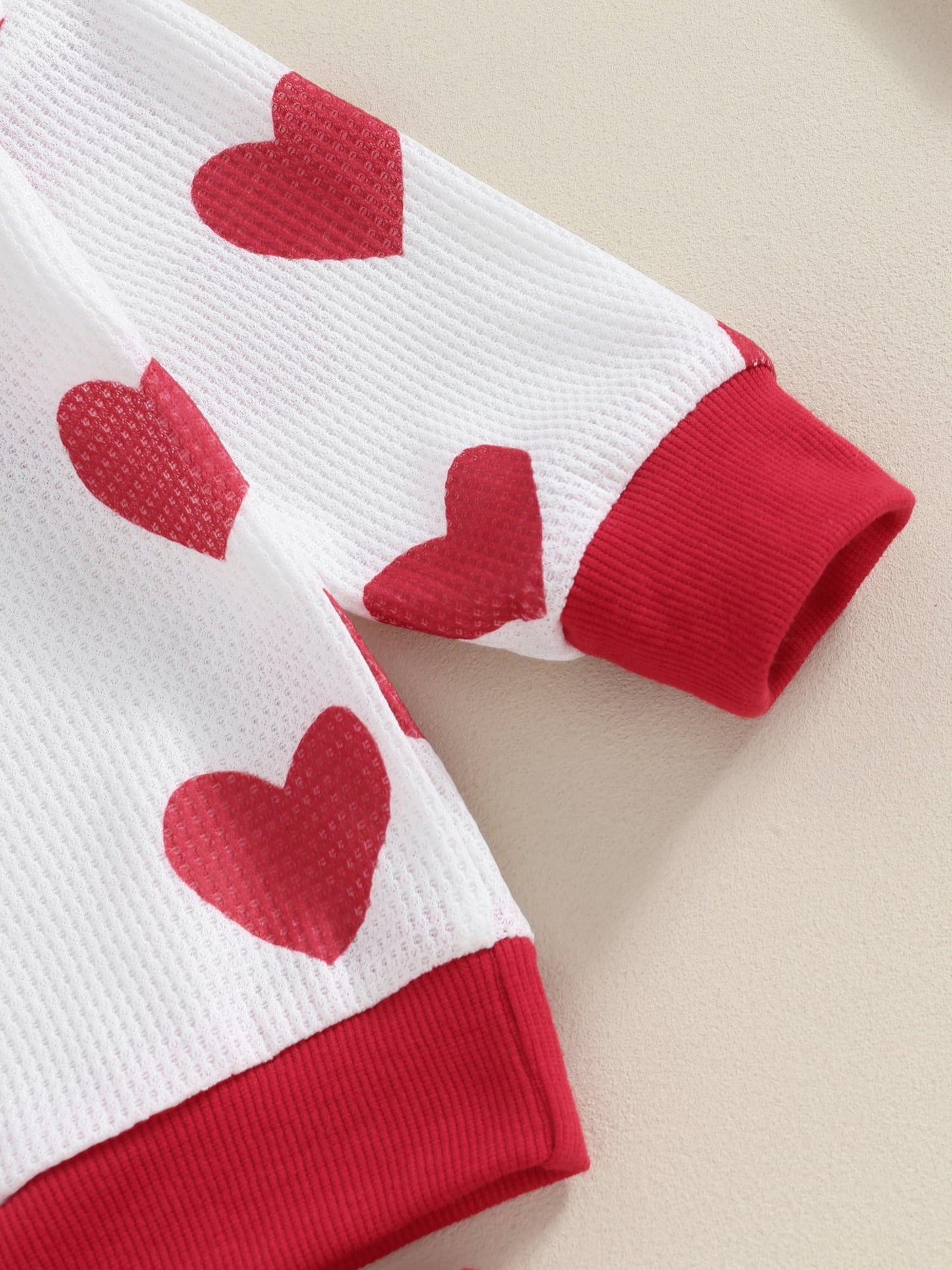 Toddler Boys Girls Fall Outfits Heart Print Long Sleeve Waffle Sweatshirts and Long Pants 2Pcs Valentine's Day Clothes Set