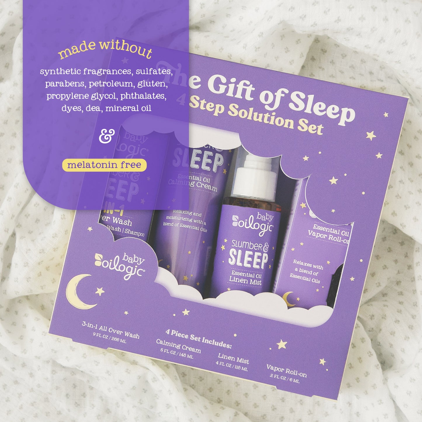 Oilogic, The Gift of Sleep, Baby Sleep Bundle using Essential Oils, Essential Oil Roll on .2 oz, All-Over Wash 9 oz, Calming Cream 5 oz, Linen Mist, 4 oz