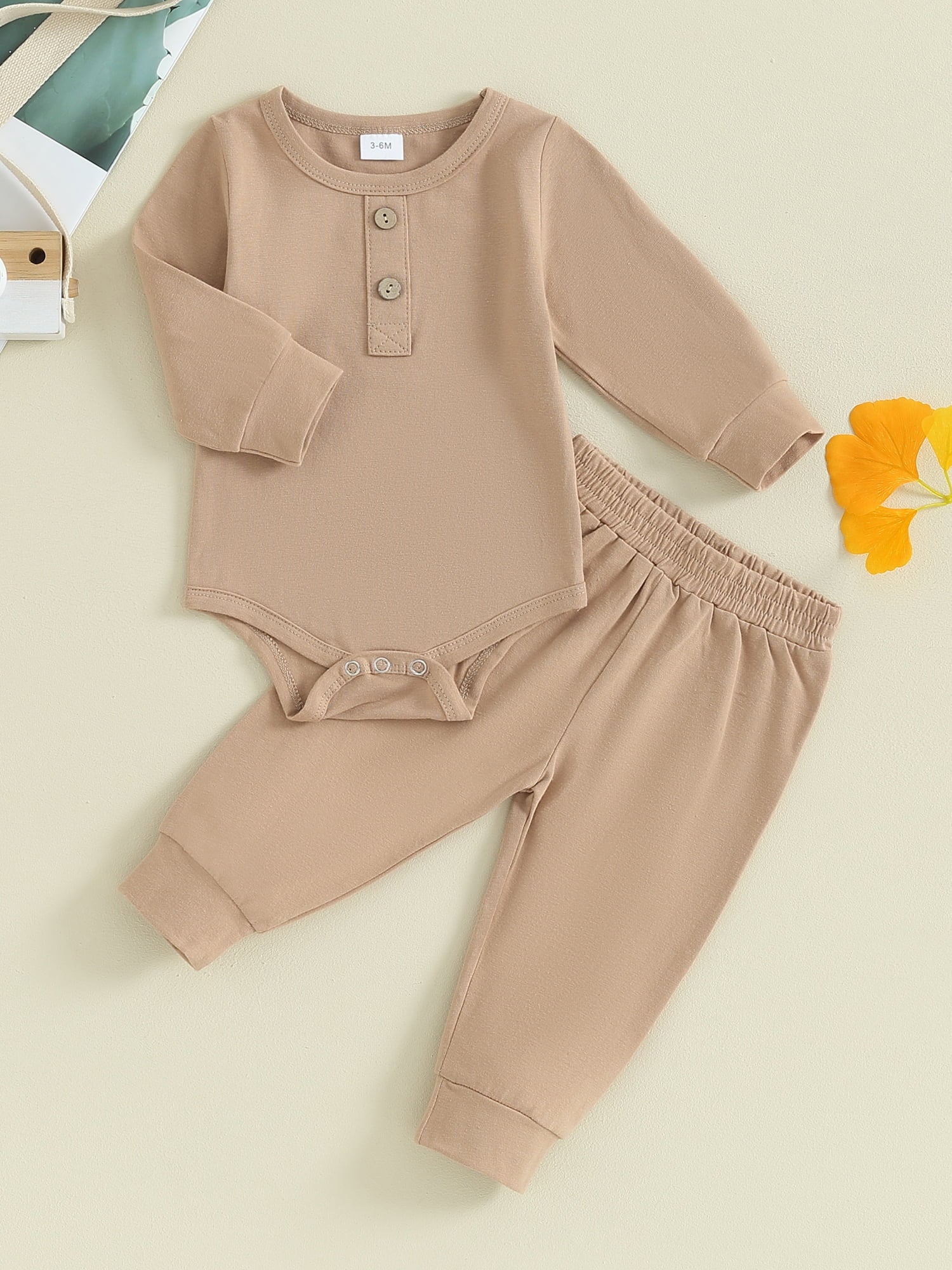 FEORJGP Infant Boys 2PCS Outfit Newborn Baby Long Sleeve Bodysuit Crew Neck Button Romper Solid Color Pants Sets for Toddler Fall Loose Casual Clothes Set