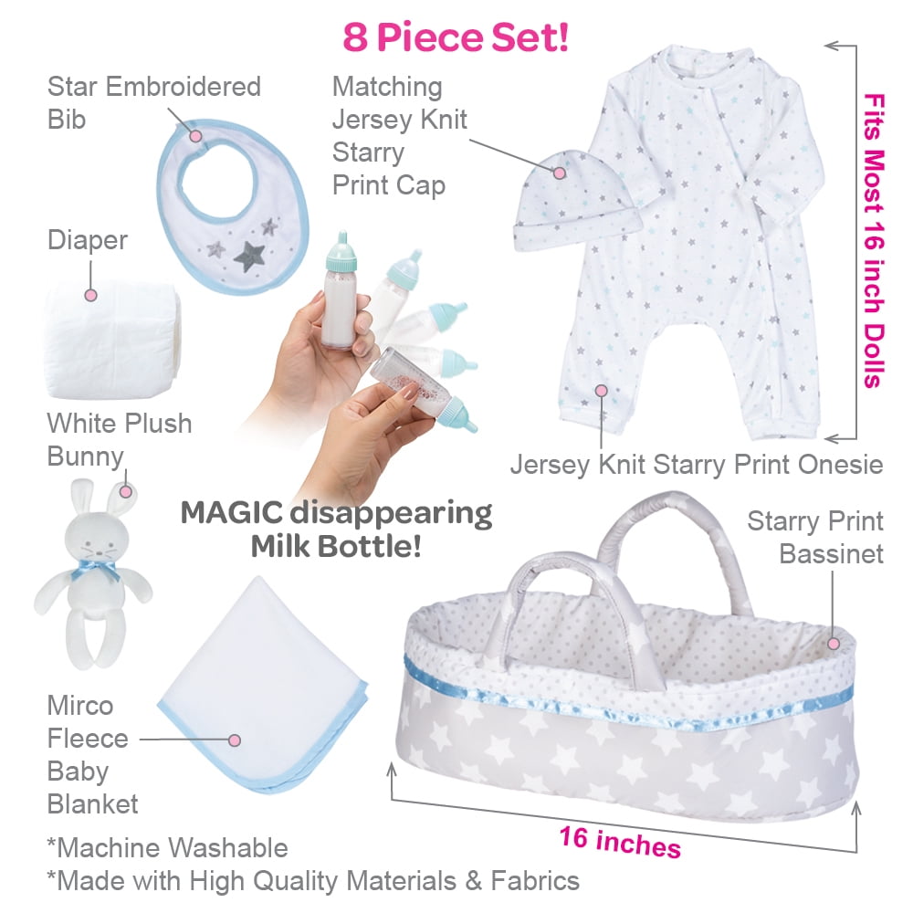 Adora Adoption Babies Essentials Gift Set with Doll Clothes, Milk Bottle, Diaper, Bassinet, Bib and Micro-Fleece Blanke, Birthday Gift for Ages 3+ - Sweet Star