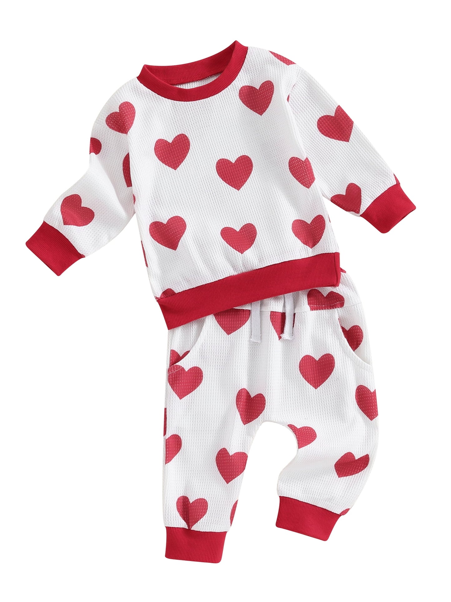 Toddler Boys Girls Fall Outfits Heart Print Long Sleeve Waffle Sweatshirts and Long Pants 2Pcs Valentine's Day Clothes Set