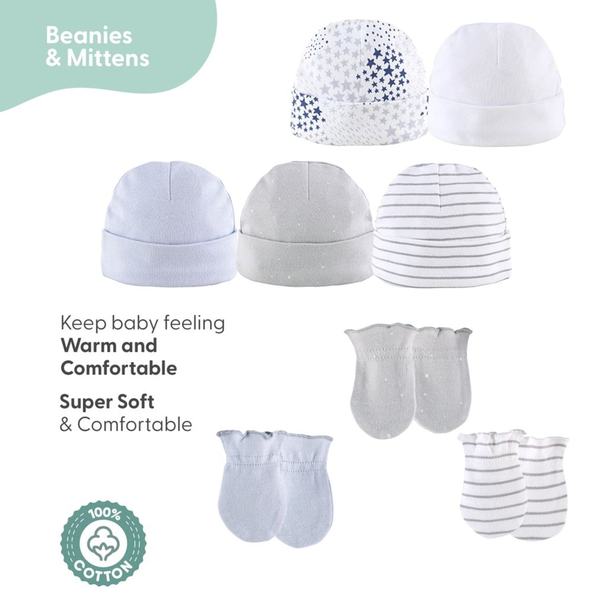 The Peanutshell Newborn Baby Layette Gift Set for Baby Boys or Girls, Shower Gift Essentials, Blue, Grey Celestial