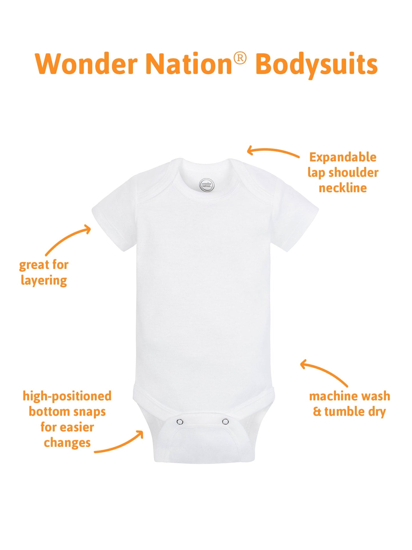 Wonder Nation Baby Boy or Girl Unisex White Short Sleeve Bodysuits, 6-Pack (Newborn-24M)