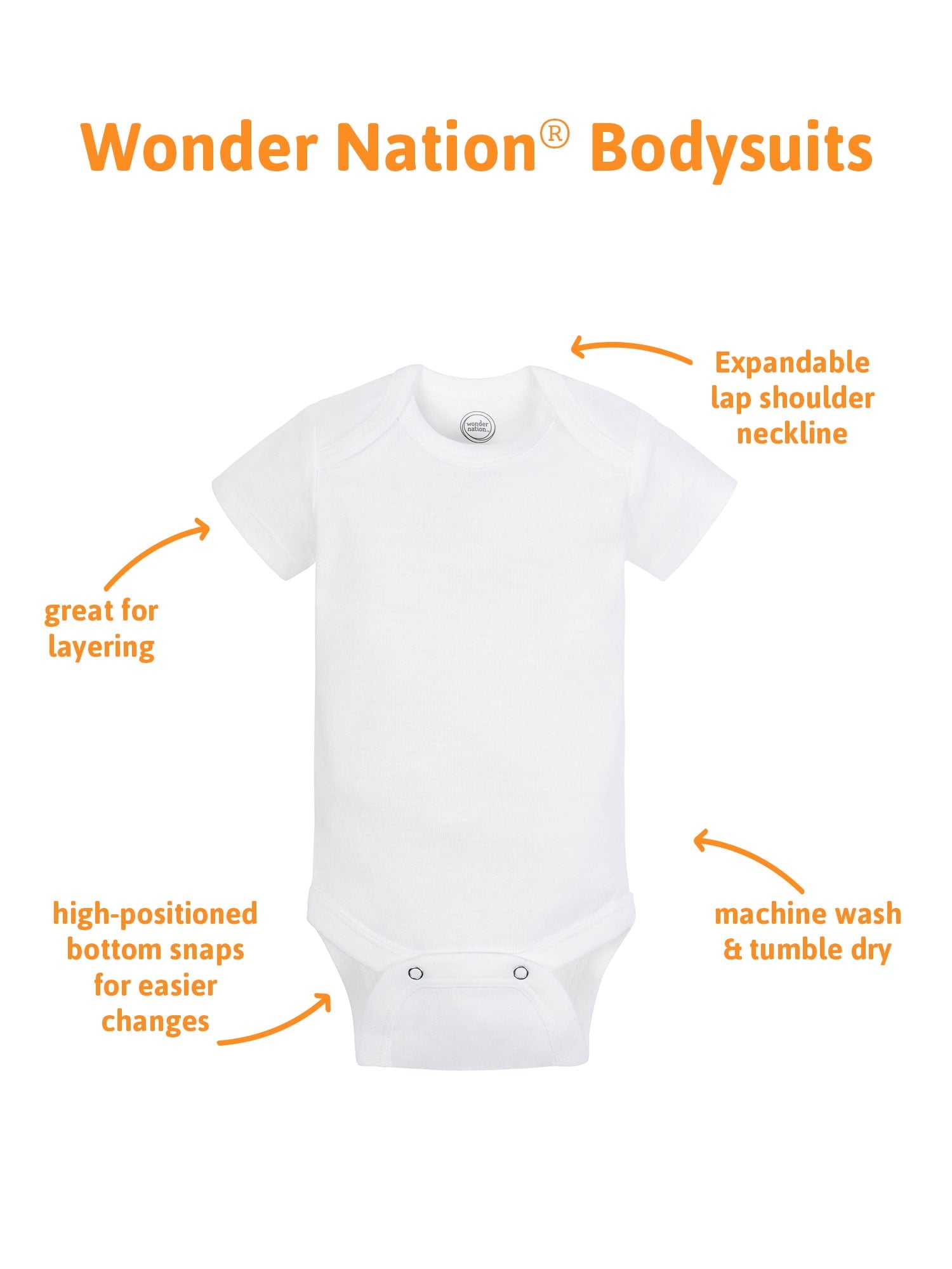 Wonder Nation Baby Boy or Girl Unisex White Short Sleeve Bodysuits, 6-Pack (Newborn-24M)