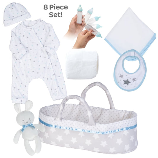 Adora Adoption Babies Essentials Gift Set with Doll Clothes, Milk Bottle, Diaper, Bassinet, Bib and Micro-Fleece Blanke, Birthday Gift for Ages 3+ - Sweet Star