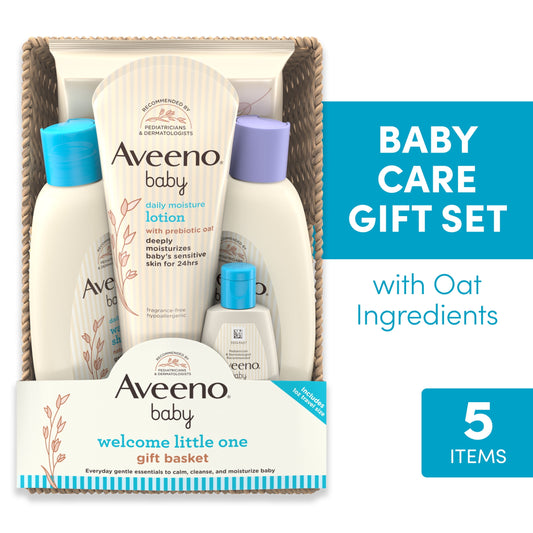 Aveeno Baby Welcome Little One Gift Set with Baby Wash, Shampoo, Wipes and Lotion, for Sensitive Skin, 5 full-size items