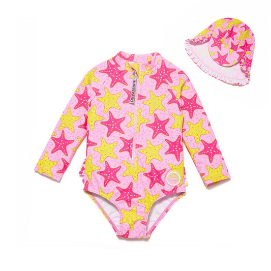 BONVERANO Baby Girls Swimsuit UPF 50+ Sun Protection, Long Sleeve Zipper One Piece Swimwear, Ruffle Toddler Bathing Suit（Starfish 9-12months）
