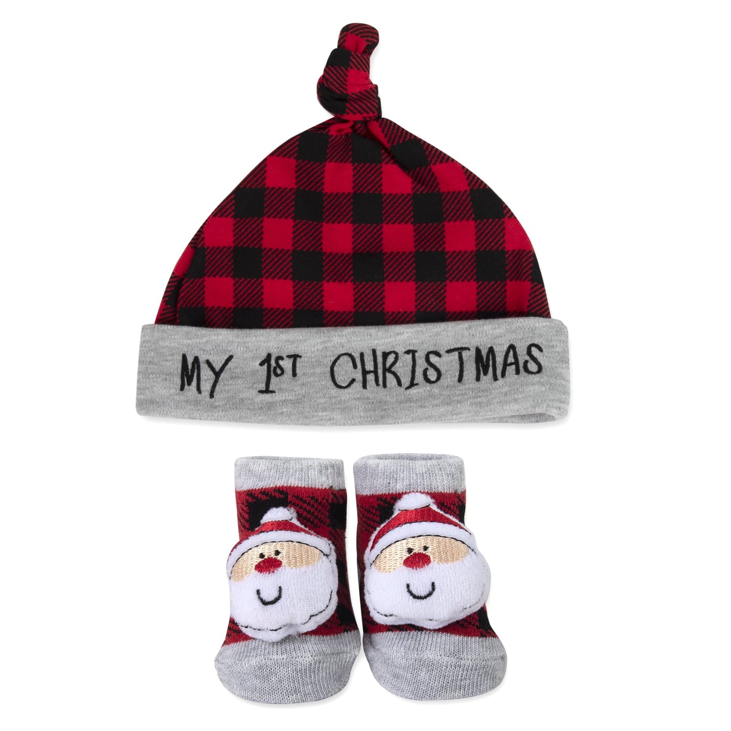 Baby Essentials My First Christmas Beanie Hat and Plush Rattle Santa Socks Set for Newborns and Infants 0 – 6 Months for Christmas, Holiday, Celebrations, Family Gatherings and Photos in Red Plaid