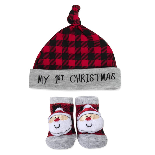 Baby Essentials My First Christmas Beanie Hat and Plush Rattle Santa Socks Set for Newborns and Infants 0 – 6 Months for Christmas, Holiday, Celebrations, Family Gatherings and Photos in Red Plaid