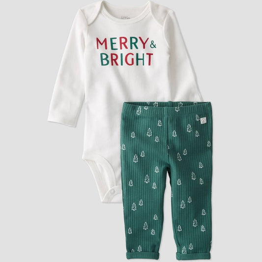 Baby Organic Cotton 'Merry & Bright' Bodysuit and Pants Set, Green/White 6M