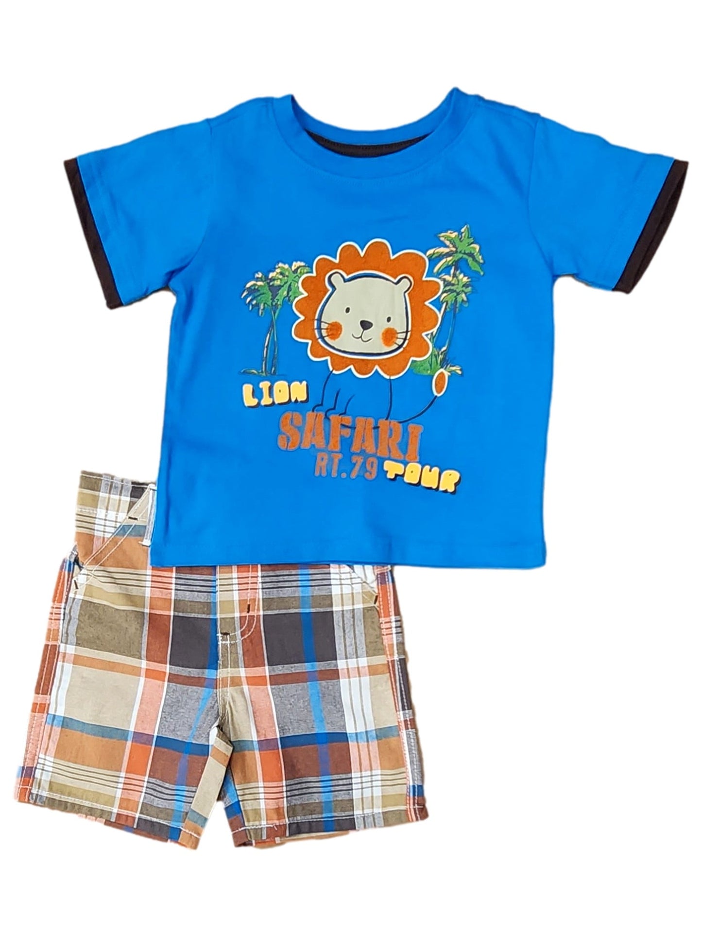 Boyz Wear Infant Boys Blue Plaid Safari Tour Short Sleeve Tee & Short Outfit 12m