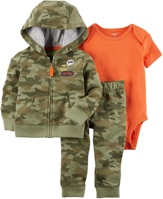 Carter's Baby Boys 3 Piece Cardigan Bodysuit and Pants Set, Camo Emoji, Newborm