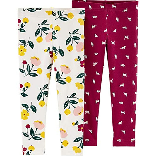 Carter's Girls' 2-Pack Leggings (Burgundy/Cats Flowers, 12M)