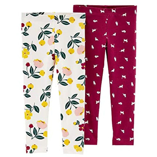 Carter's Girls' 2-Pack Leggings (Burgundy/Cats Flowers, 3M)