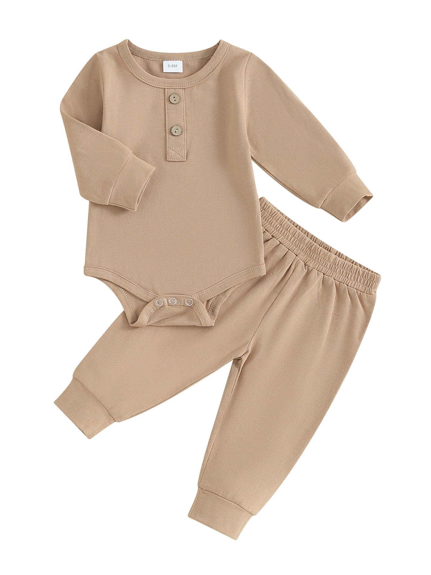 FEORJGP Infant Boys 2PCS Outfit Newborn Baby Long Sleeve Bodysuit Crew Neck Button Romper Solid Color Pants Sets for Toddler Fall Loose Casual Clothes Set
