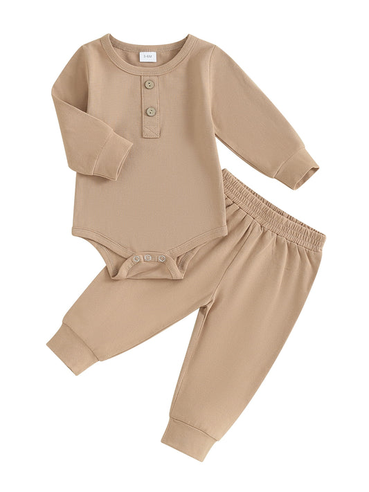 FEORJGP Infant Boys 2PCS Outfit Newborn Baby Long Sleeve Bodysuit Crew Neck Button Romper Solid Color Pants Sets for Toddler Fall Loose Casual Clothes Set