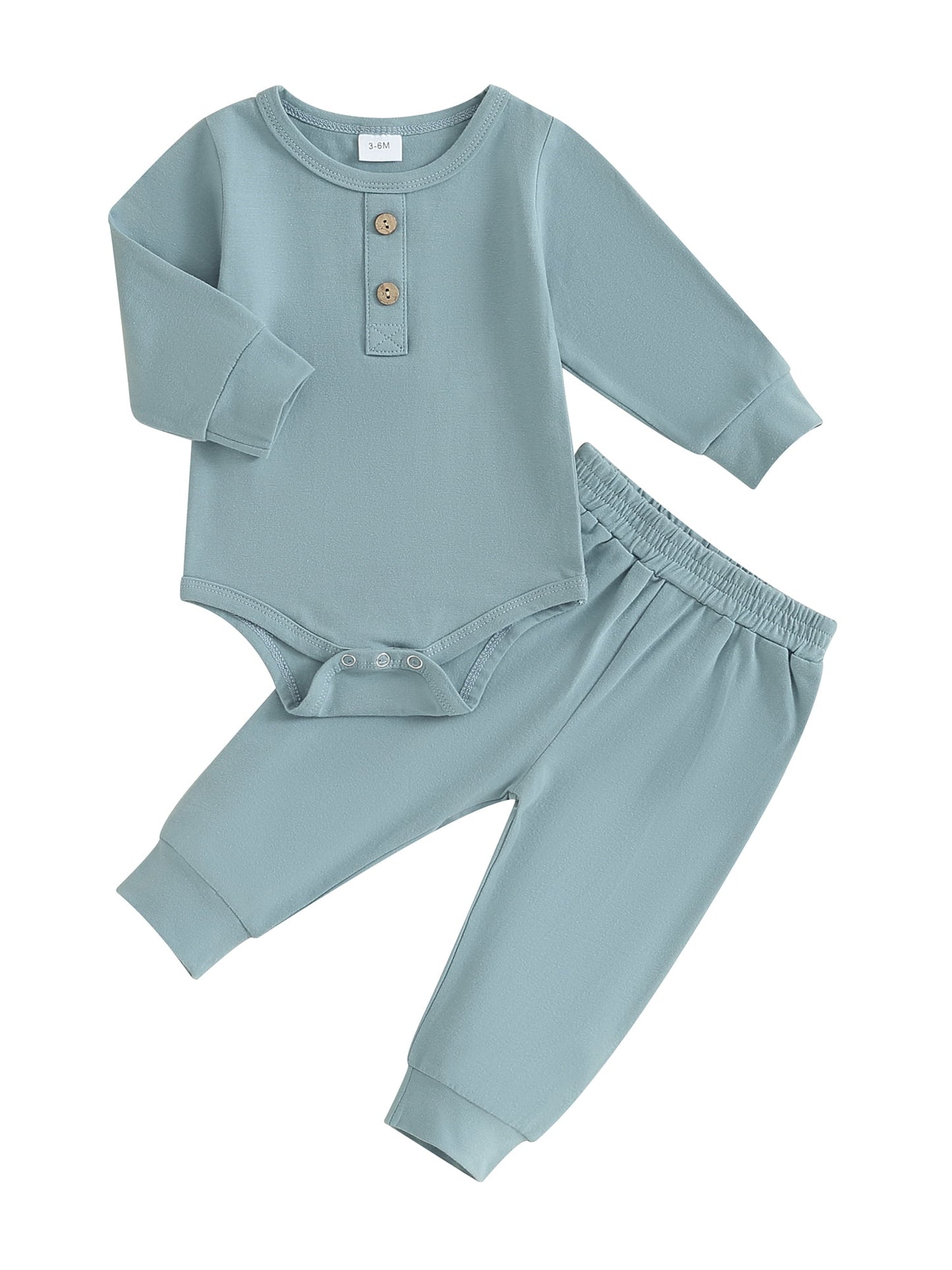FEORJGP Infant Boys 2PCS Outfit Newborn Baby Long Sleeve Bodysuit Crew Neck Button Romper Solid Color Pants Sets for Toddler Fall Loose Casual Clothes Set