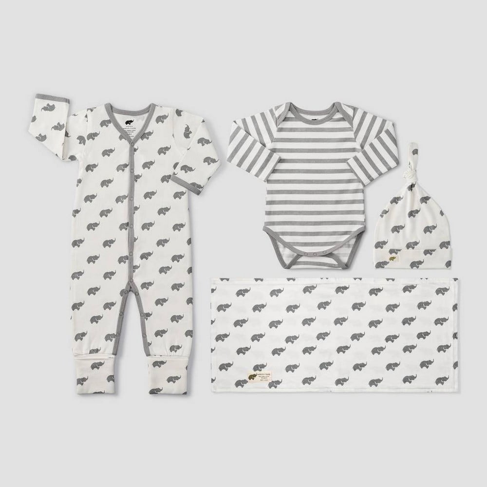 Monica + Andy Baby Striped & Elephant Print Layette Set, Gray, 3-6M, 4-Piece