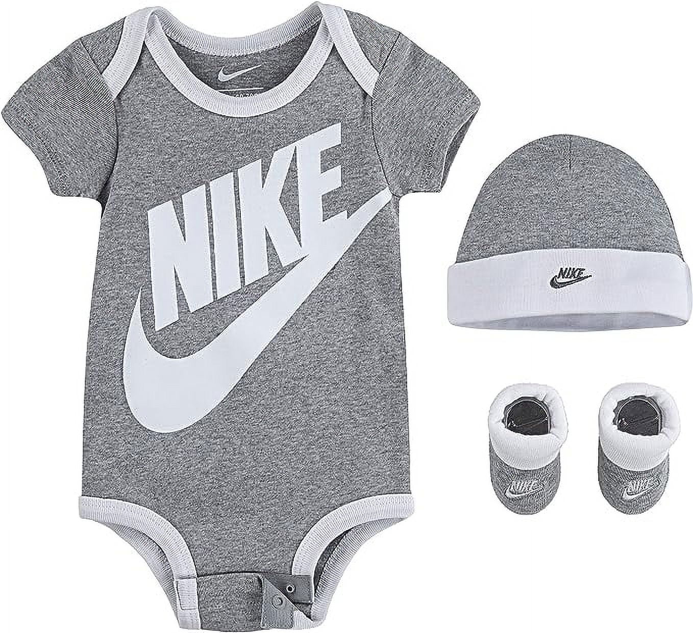 Nike 3 pc Infant Layette Set Bodysuit, Hat, Booties in Grey/White, 6-12 Months