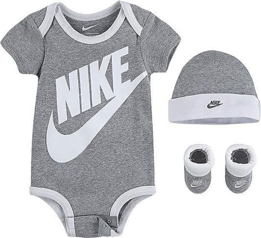 Nike 3 pc Infant Layette Set Bodysuit, Hat, Booties in Grey/White, 6-12 Months