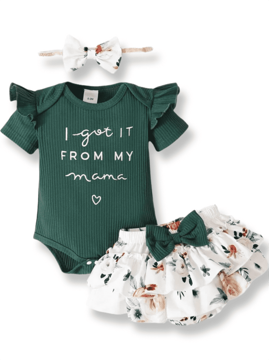 PatPat 3pcs Baby Girl 95% Cotton Short-Sleeve Letter Print Romper & Floral Print Layered Ruffled Shorts & Headband Set,0-18 Month