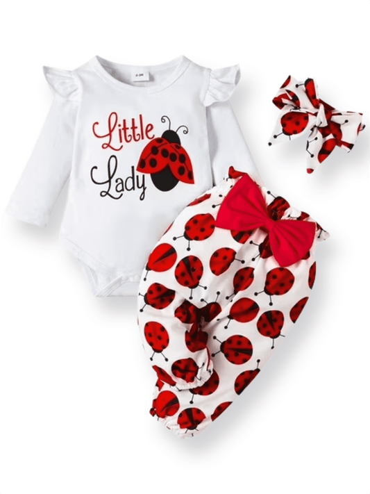 PatPat 3pcs Baby Girl Ladybug Long Sleeve Romper and Bowknot Trousers Set,Fall Clothes Newborn Outfit,0-18 Month