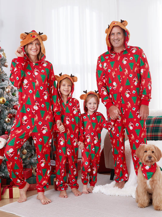 PatPat Christmas Family Matching Pajamas Sets Reindeer Hooded Bodysuits PJs Sets Holiday Gift for Kids Couple Dog Pajamas,Red New Version