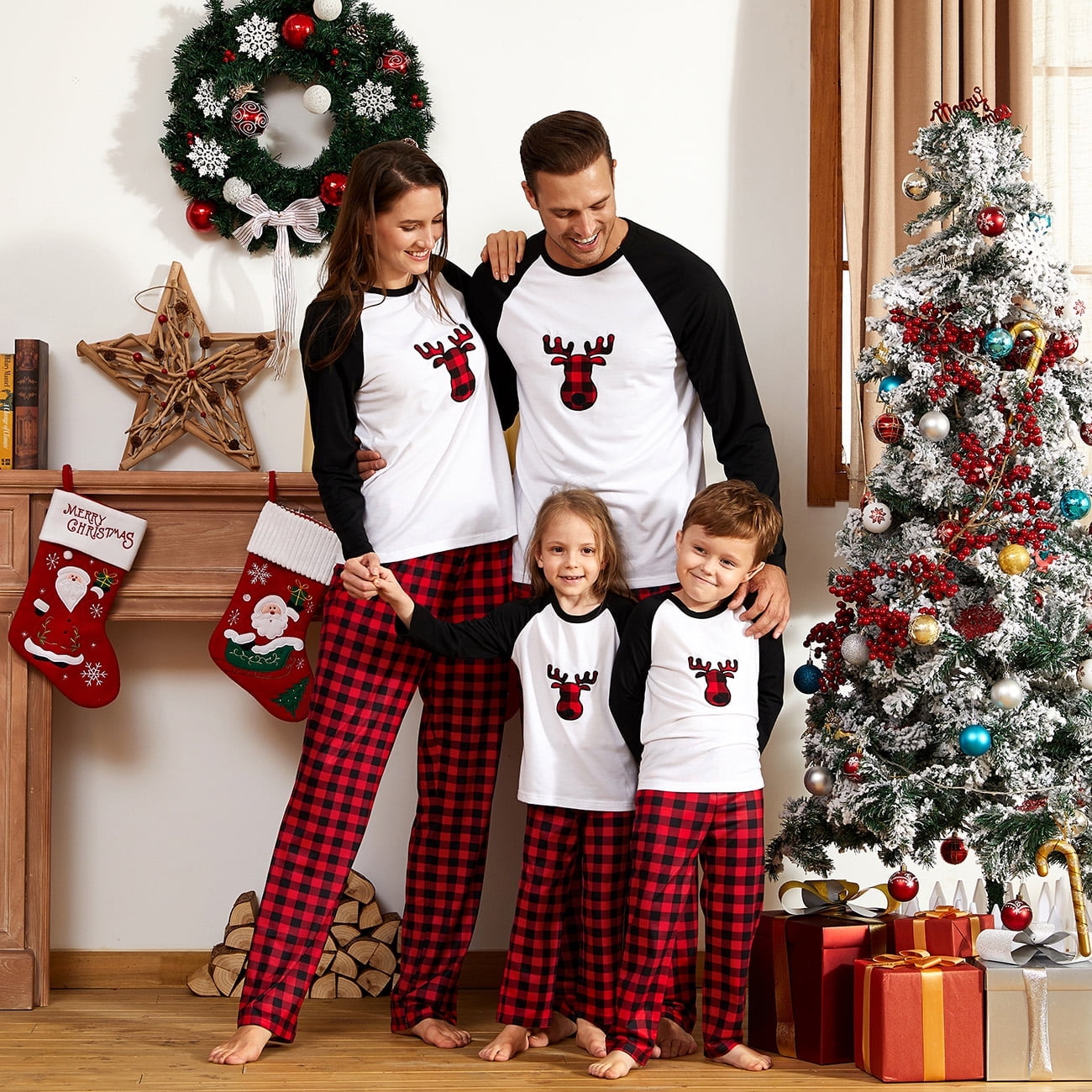 PatPat Christmas Pajamas Plaid Deer Family Matching Women Pajamas Sets for Men Baby Kids Girls Boys, Black/White, 6-7 Years