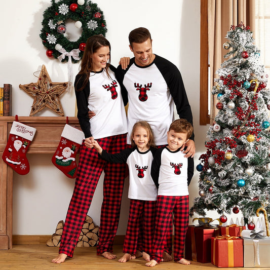 PatPat Christmas Pajamas Plaid Deer Family Matching Women Pajamas Sets for Men Baby Kids Girls Boys, Black/White, 6-7 Years