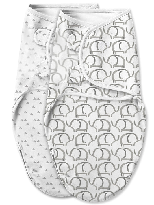 SwaddleMe Original Swaddle Blanket - Newborn Soft Luxe Edition Fabric with Easy Change Zipper - Ellie 2 Pack Grey Elephant and Triangle Prints Size Small (0-3 Months)