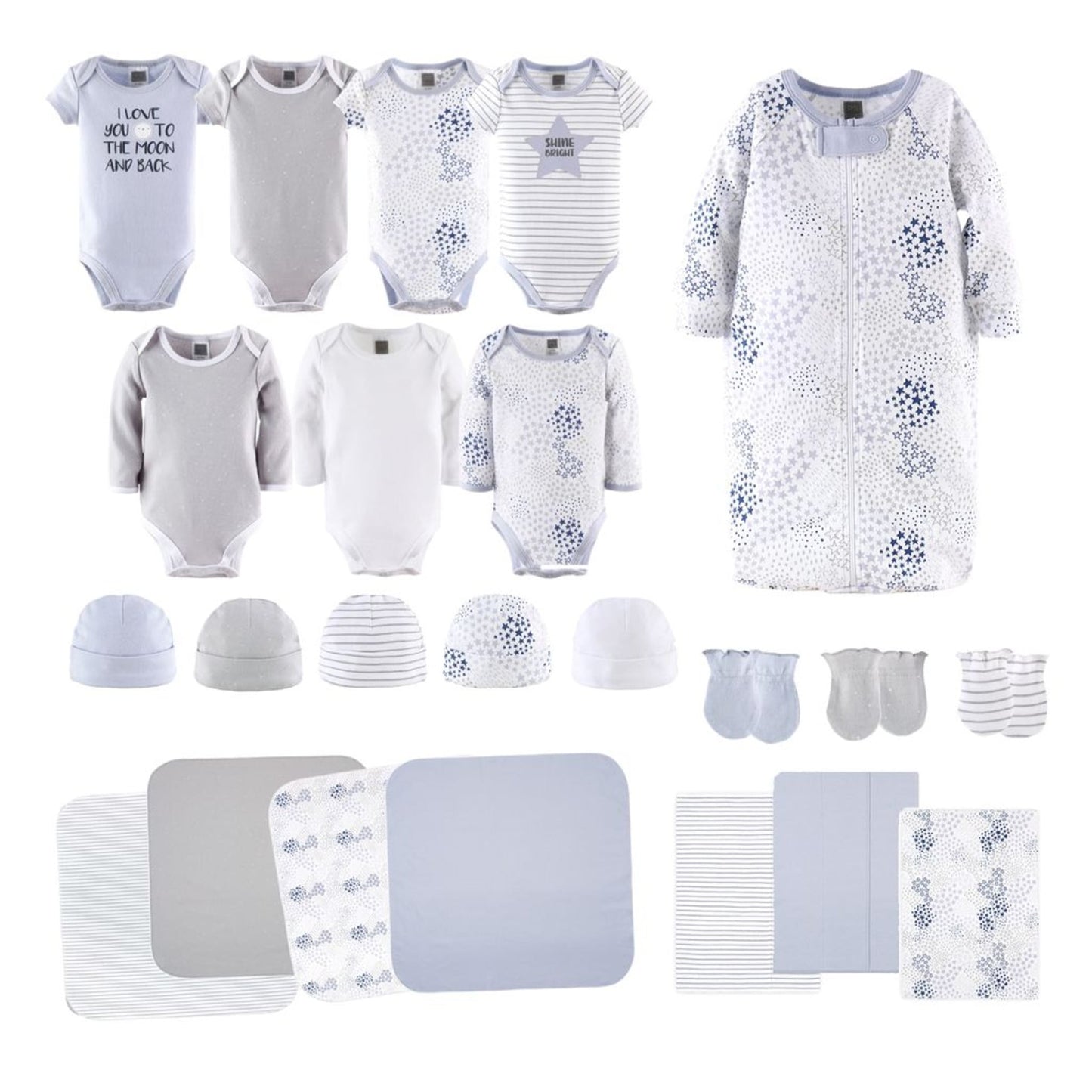 The Peanutshell Newborn Baby Layette Gift Set for Baby Boys or Girls, Shower Gift Essentials, Blue, Grey Celestial