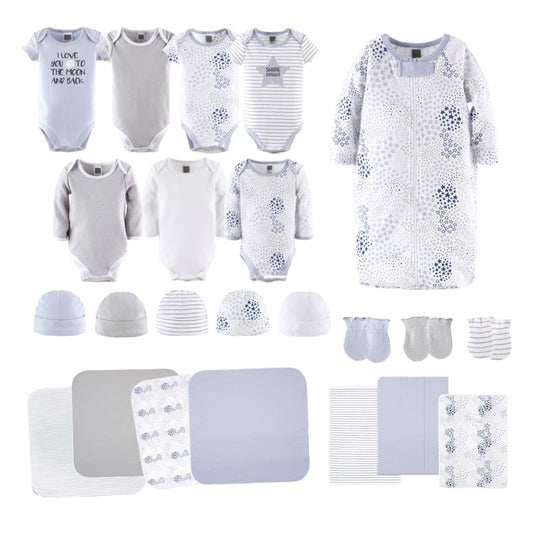 The Peanutshell Newborn Baby Layette Gift Set for Baby Boys or Girls, Shower Gift Essentials, Blue, Grey Celestial